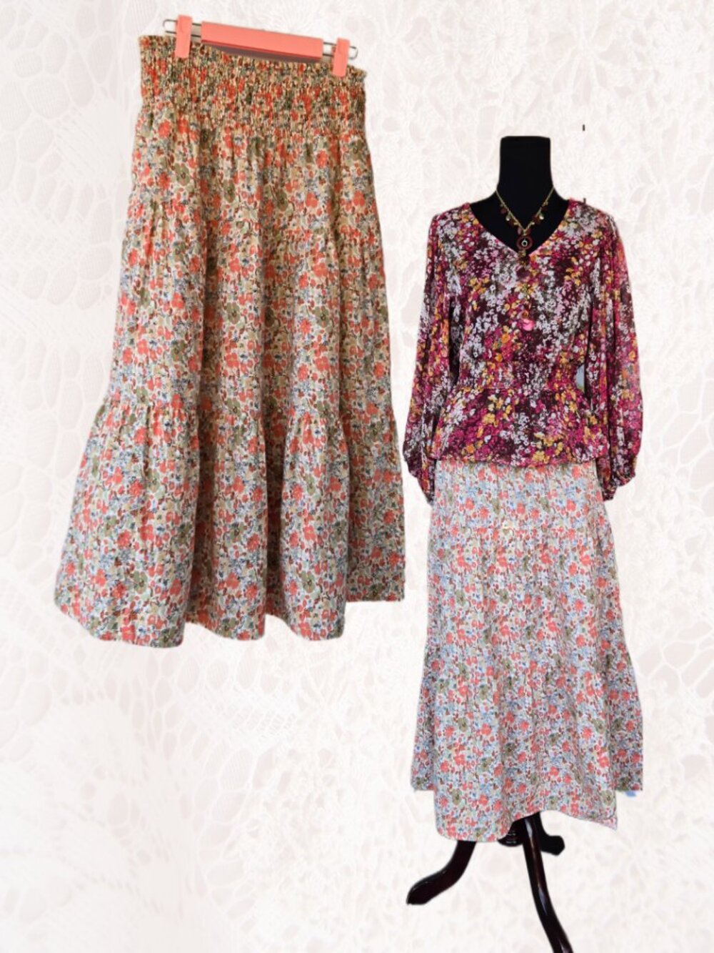 Universal Threads Boho Prairie Midi-Length Skirt Ditsy Floral Tiered Cottage